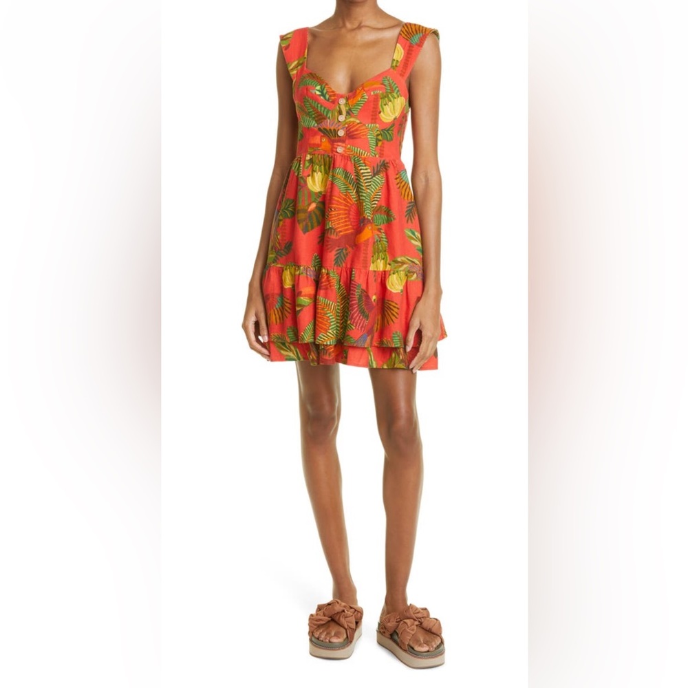 FARM RIO Forest Birds Tiered Linen Blend Dress S